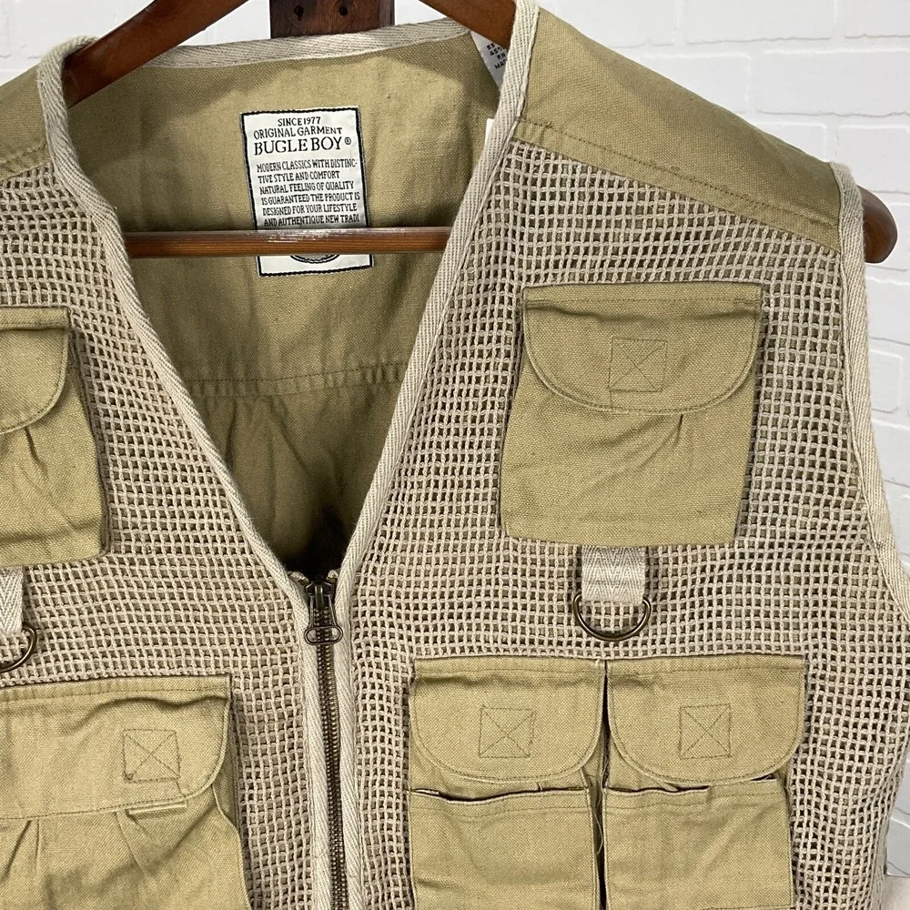Bugle Boy Tactical Vest Men Large‎ Khaki Wetlands Zip Outdoor Fish Hunt  NWT